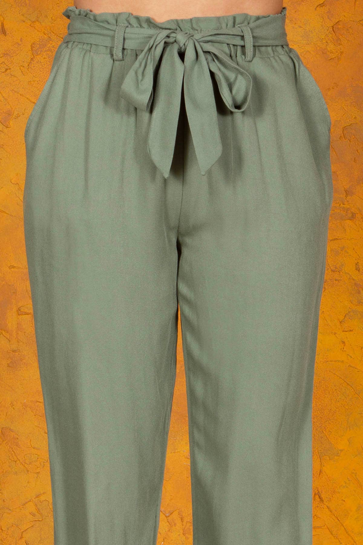 Womens Solid Boho Paperbag Waist Pants Ruffle: Large / Green